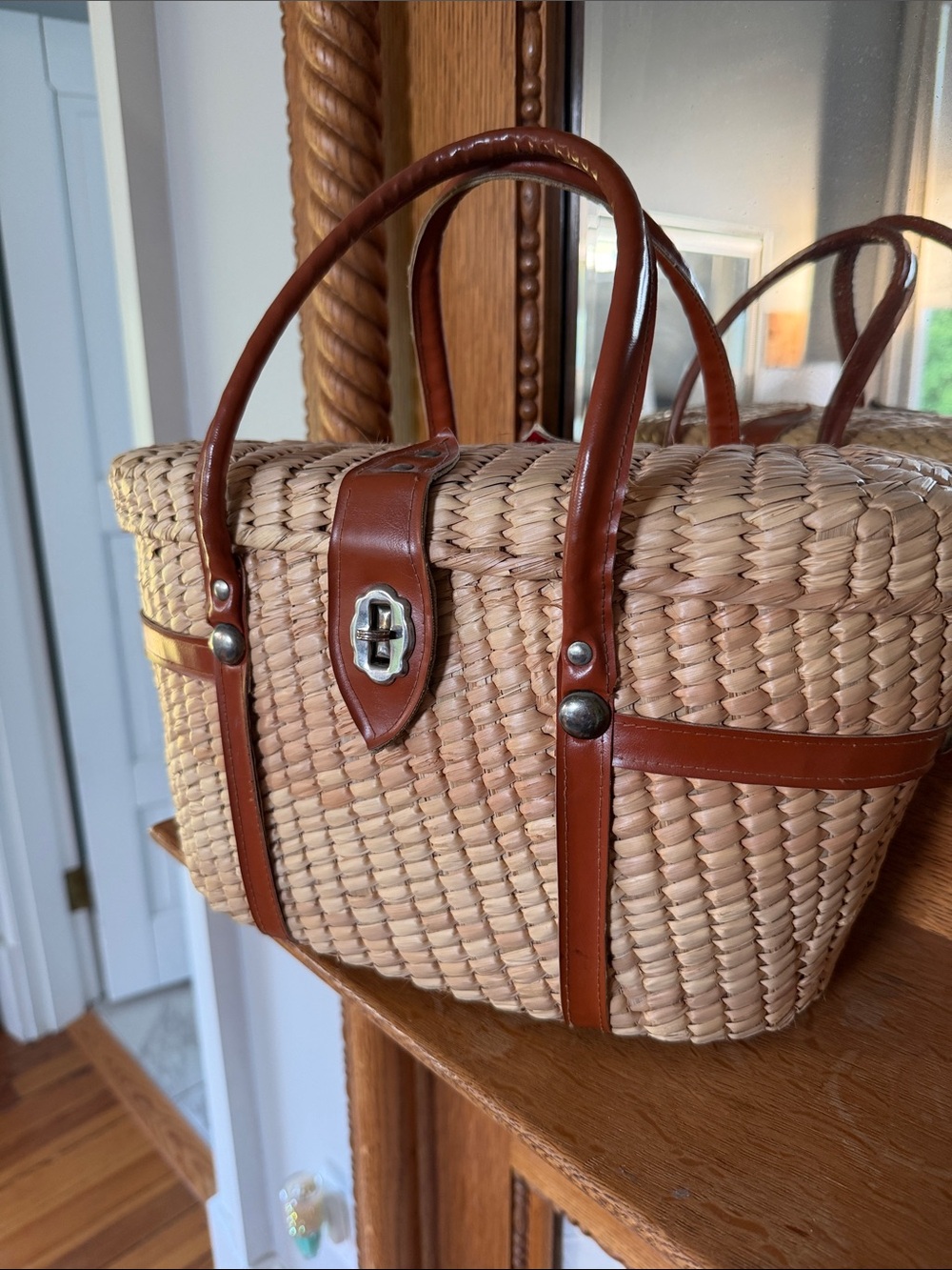 Woven Straw Basket Tote with Brown Leather Trim